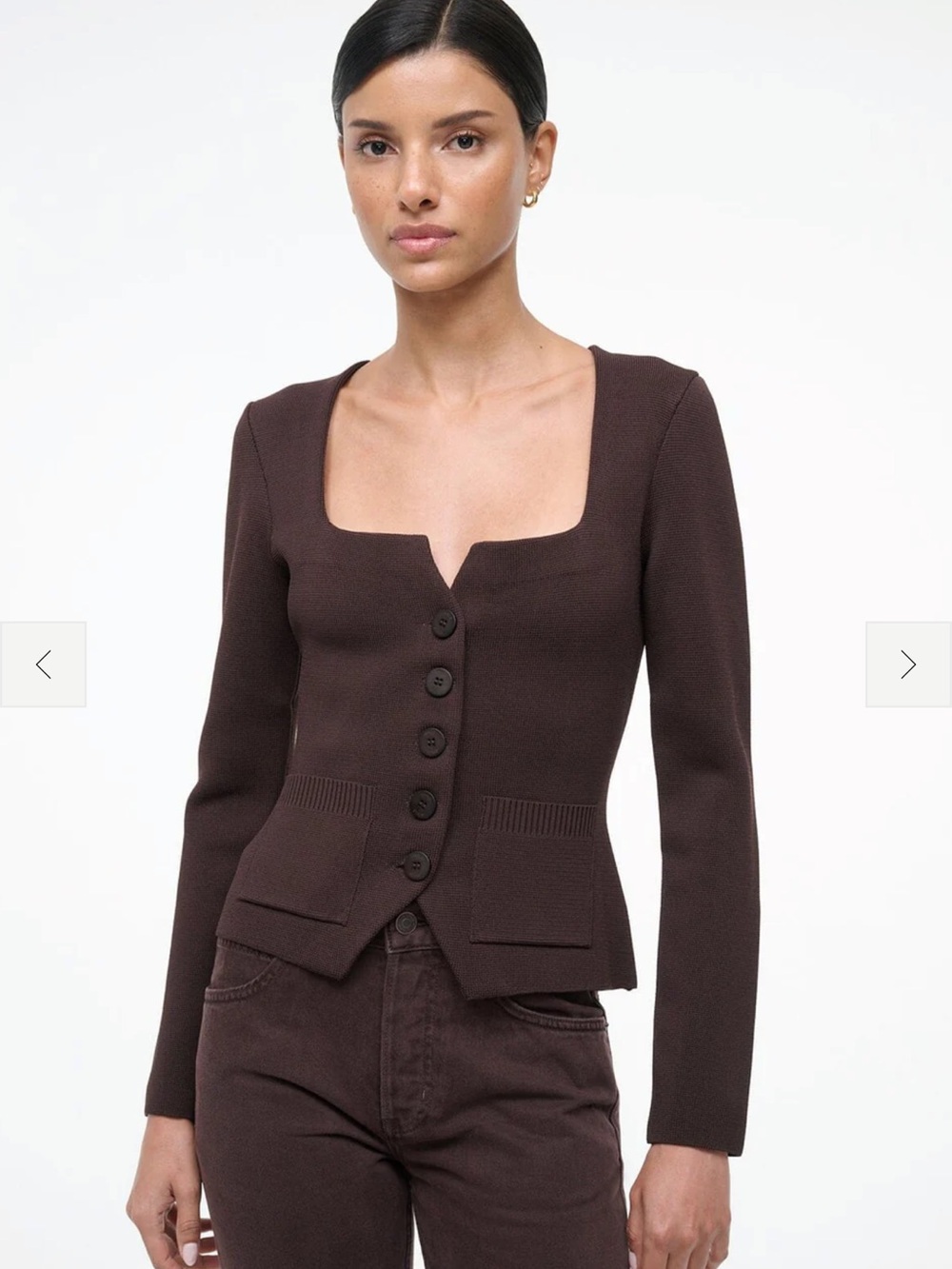 STAUD Chocolate Brown Square-Neck Button Cardigan
